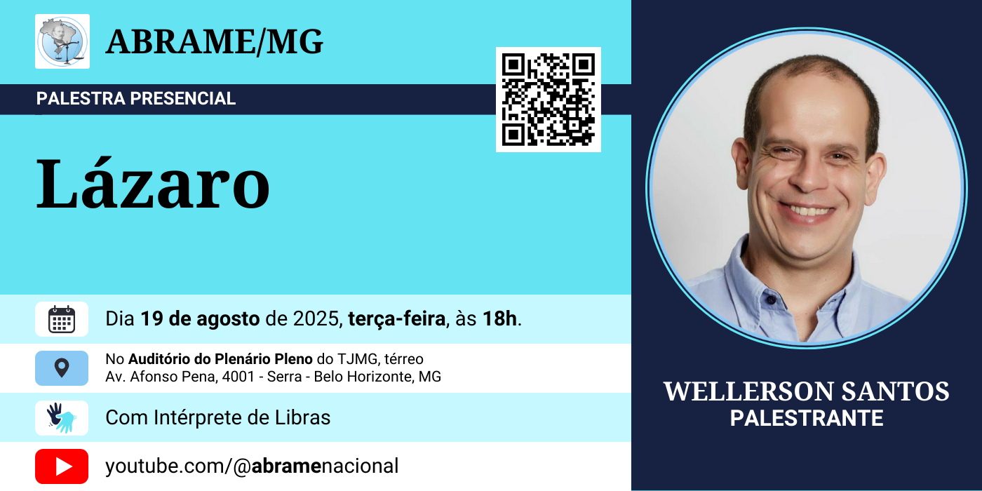Divulgação da palestra presencial “Controlando as Emoções”, promovida pela ABRAME/MG, com o magistrado e palestrante espírita Clayton Resende, realizada em 20 de maio de 2025, às 18h, no Plenário Pleno do TJMG, em Belo Horizonte. Com intérprete de Libras e transmissão pelo canal da ABRAME no YouTube.