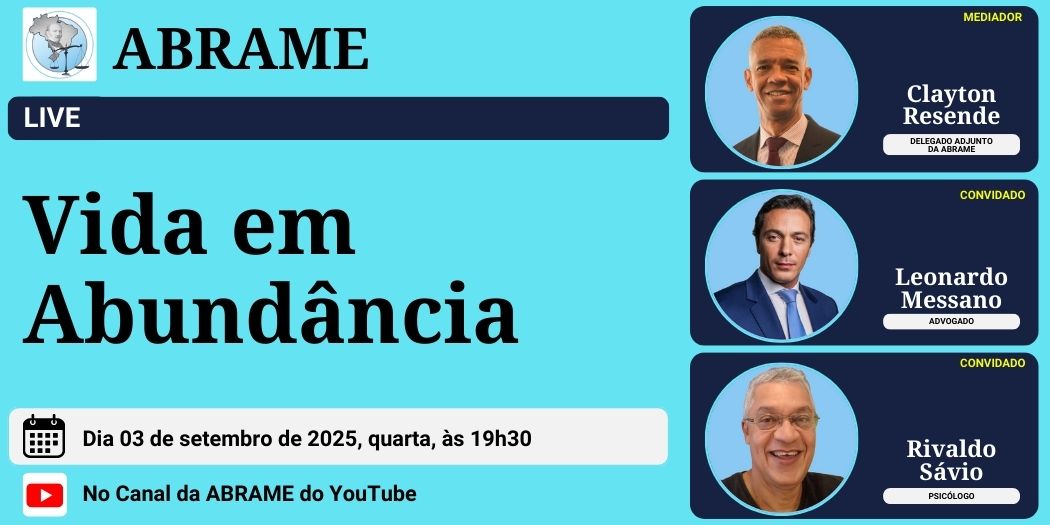 Convite para a palestra presencial "Comunicações Espirituais", promovida pela ABRAME/MG, com o magistrado e palestrante espírita Marcelo Badaró, no dia 17 de junho de 2025, às 18h, no Plenário Pleno do TJMG, em Belo Horizonte, com transmissão pelo YouTube e intérprete de Libras.